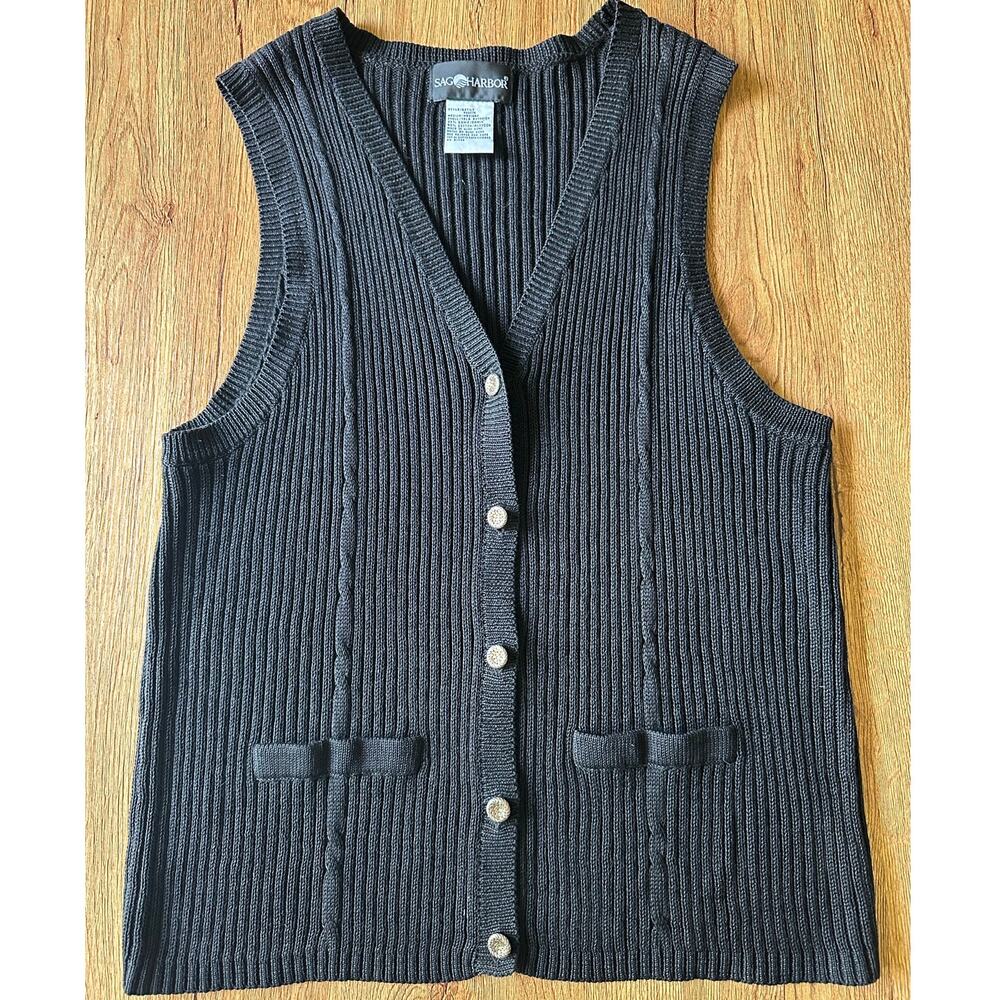 Sag Harbor Vtg Black Button Cardigan Sweater Vest Size Medium